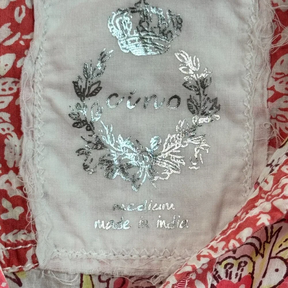 CINO Women’s Floral Button-Up Shirt Medium Pink Yellow 100% Cotton Crinkle Blous - Picture 3 of 4